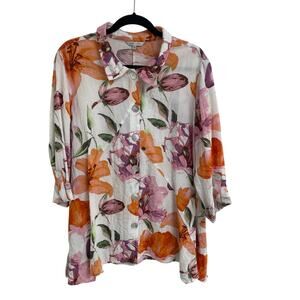 John Mark Button Up Roll Tab Sleeve Floral Print Tunic Top Orange Purple Size XL